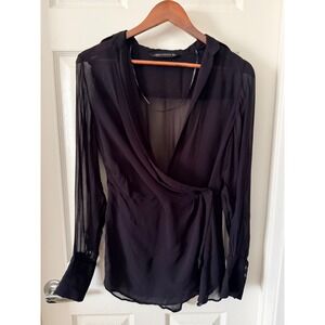 Zara Woman Black Sheer Wrap Blouse V-Neck Long Sleeve Side Tie Top Size Medium